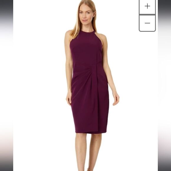 Vince Camuto Stretch Crepe Halter Ruched Dress in Plum - Picture 9 of 16
